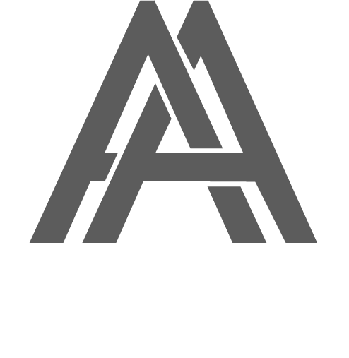 Stilisiertes Doppel-A-Logo über dem Text ALMFRIED APARTMENTS in fetter, moderner Schrift.